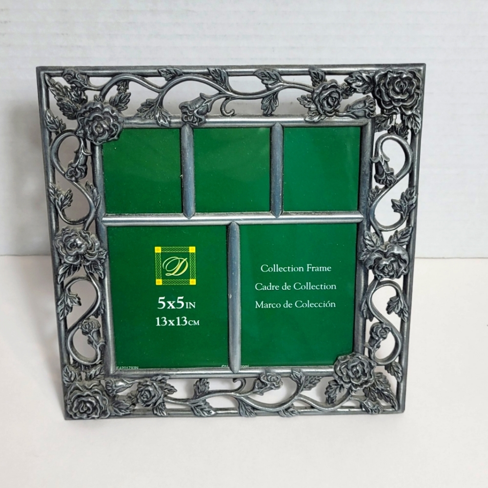 Collage Picture Frame Pewter Design with 3D Roses Vintage